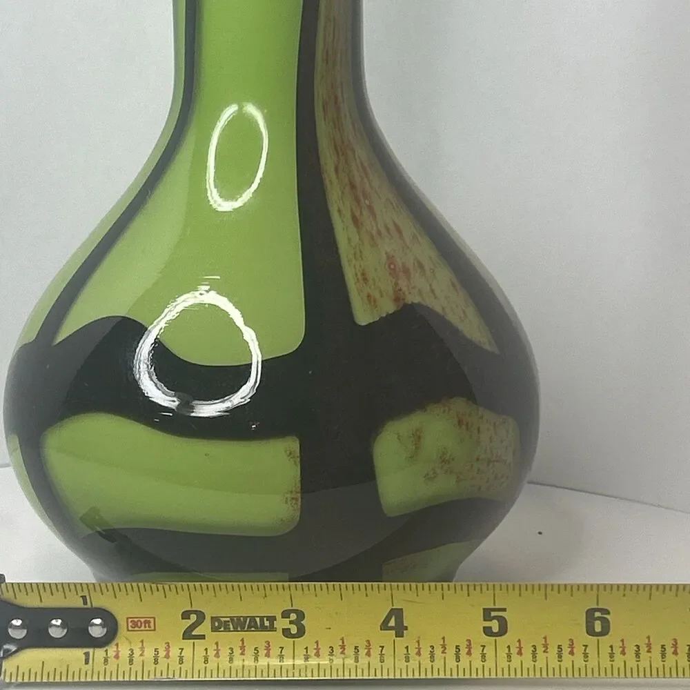 MCM Vtg Green Red Hand Blown Murano Vase 11 Inches